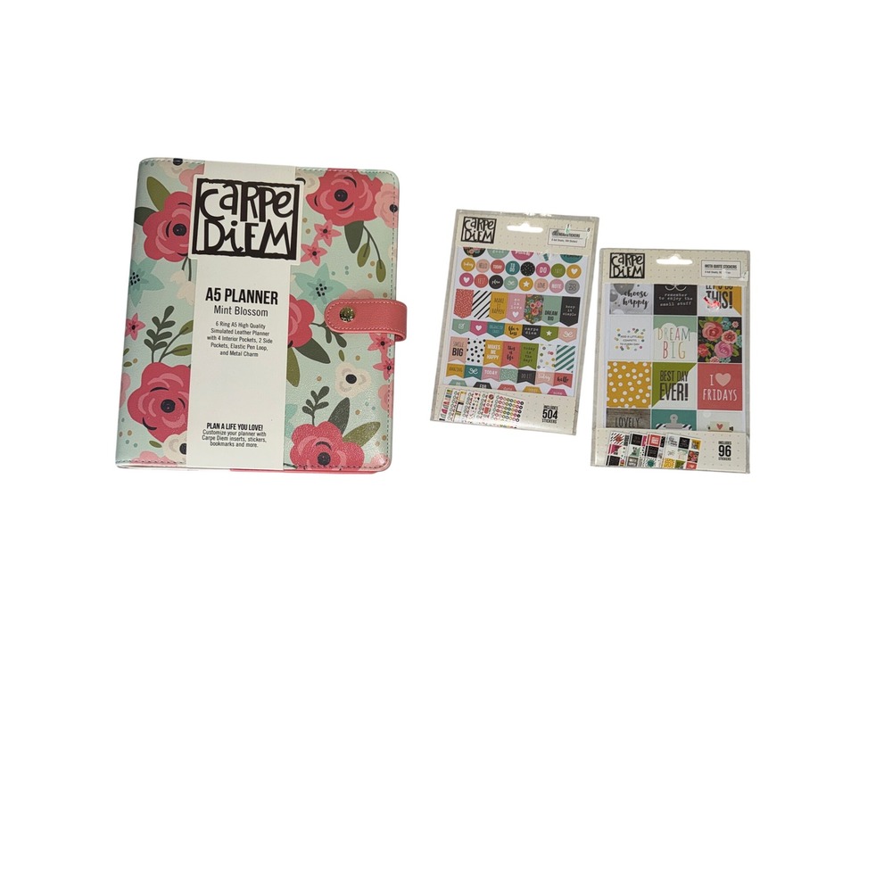 Carpe Diem A5 Planner Mint Blossom Floral 6 Ring Binder with 600 Stickers New
